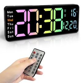 13 inch Large Digital Wall Alarm Clock with Remote Control Large Colorful LED Display Wall Clock Adjustable Brightness Count Up&Down Timer with Day/Date/Temperature for Home Gym Office and Classroom