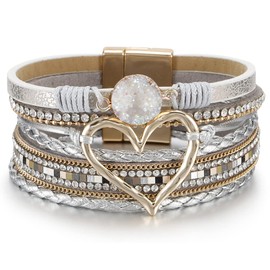 Fesciory Leopard Bracelet for Women, Boho Leather Wrap Multi-Layer Pearl Crystal Bracelet Bangle Jewelry (B33:Heart Leather(Silver))