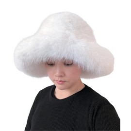 Lina & Lily Oversized Winter Faux Fur Bucket Hat for Women - Long Pile Fur Wide Moldable Brim (White)