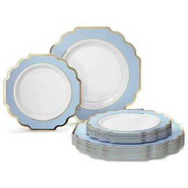 OCCASIONS FINEST PLASTIC TABLEWARE " OCCASIONS " 50 Plates Pack (25 Guests)-Heavyweight Wedding Party Disposable Plastic Plate Set -(25x10.5' Dinner + 25x8' Salad/dessert (Imperial in White/Blue & Gold)