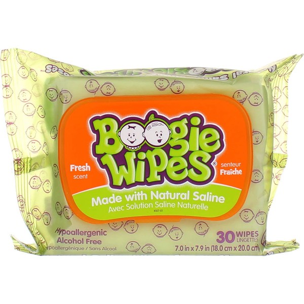 Boogie Wipes Natural Saline Hypoallergenic Nose Wipes, Fresh Scent, 30 Ct (Pack of 1)