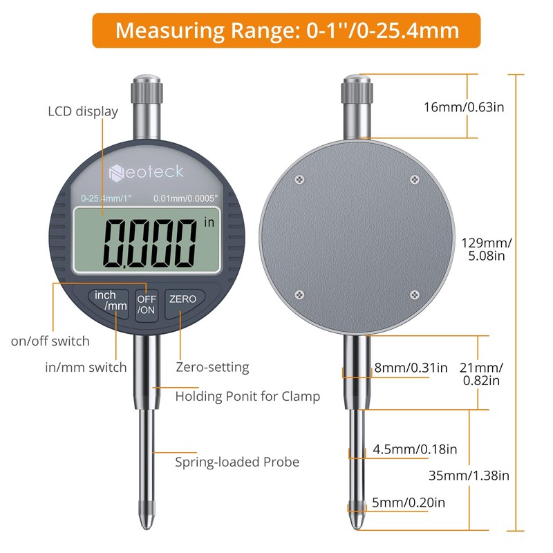 Neoteck 1"/25.4mm (0.0005"/0.01mm) Digital Indicator Set Dial Indicator and Magnetic