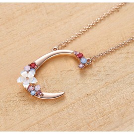 Flower Initial Letter Necklace, Pink Red Blue Simulated Pearl Pendant Name Jewelry Made with Austrian Crystals Rose Gold Plated Anniversary Birthday Gifts for Women,18"+2" (C)