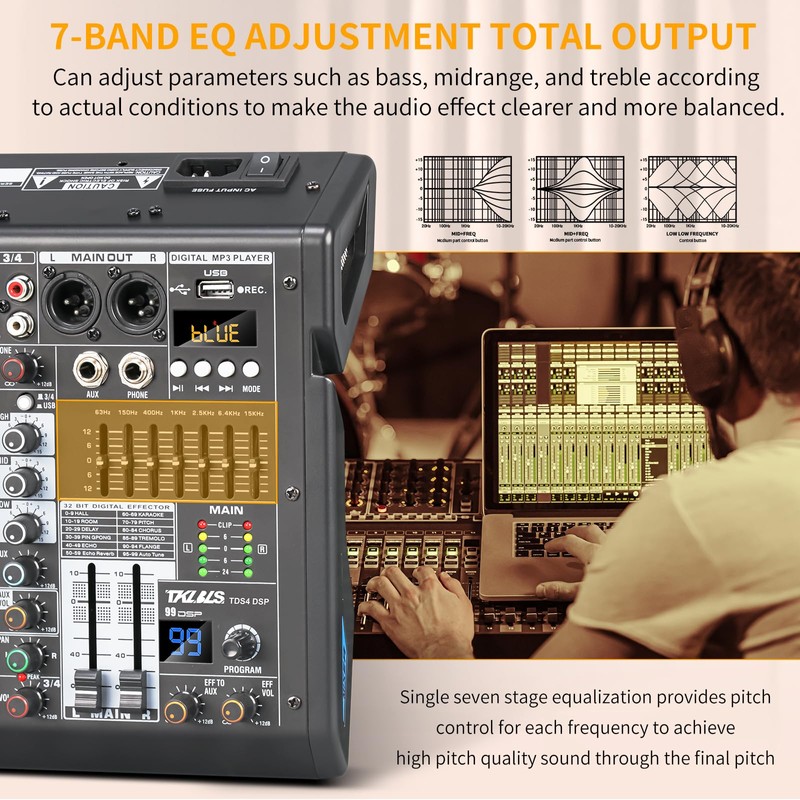TKLBLS Audio Mixer, 4 Channel Sound Board Mixing Console with
