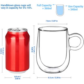 glastal 2x350ml Double Walled Coffee Glasses Mugs Cappuccino Latte Macchiato Glasses Cups with Handle Borosilicate Heat Resistant Glass Cups for Coffee Tea Milk Juice Ice Cream