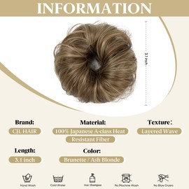 CJL HAIR 2PCs Small Cute Messy Bun Hair Piece for Thin Hair Women Girl Mini Synthetic Curly Bun Scrunchies Updo Hairpieces for Kids Brunette/Ash Blonde