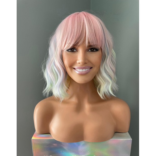 The Extension Room Pastel Pink Ombre Wavy Wig with Bangs,