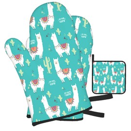 Mxocom Cute White Llama Oven Mitts and Pot Holders Sets of 3 Alpaca Cactus BBQ Gloves for Kitchen,Cooking,Baking,Grilling Resistant Hot Pads for Women