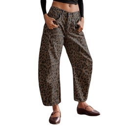 Women's Mid Rise Barrel Jeans Vintage Leopard Printed Baggy Cropped Jeans Wide Leg Denim Ankle Pants Boyfriend Jeans (Dark Brown,Small,Small)