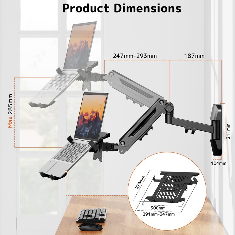 PUTORSEN 2-in-1 Laptop Wall Mount, Gas Spring Arm for 10-17