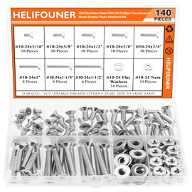 HELIFOUNER 140 Pieces #10-24 Phillips Countersunk Head Machine Screws Nuts Washers Assortment Kit, Coarse Thread, Fully Machine Threaded, 304 Stainless Steel