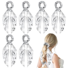 Disco Ball Hair Bow Scrunchies - 6 Pack Glitter Silver Hair Scrunchies Bachelorette Party Favors Sequin Hair Bands with Bow Elastics Ponytail Holders for Women 70s 80s 90s Festival Party