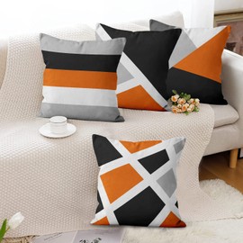 Hnmdmyi Orange Cushion Covers 40 x 40 cm Set of 4, Grey and Black Modern Abstract Stripe Simple Geometric Decorative Throw Pillow Covers Linen Pillowcases for Sofa Couch Bed Garden Outdoor Home Decor