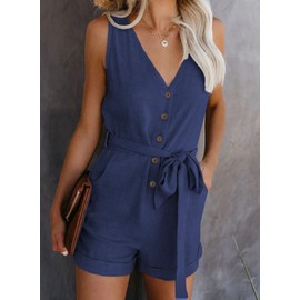 Acelitt Women Ladies Casual V Neck Sleeveless Button Down Belted Romper Short Jumpsuits Resort Wear for Women 2024 Royal Blue Medium