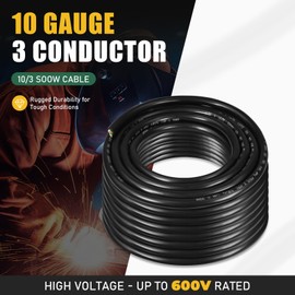 75ft 10/3 10 AWG Portable Power Cable (3 Conductor) - SOOW 600V 10 Gauge Electric Wire for Generator, Portable Lights, RV/EV Car Battery Chargers and Machinery - 75 Feet Electrical Cord