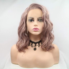 Side Parting Wigs Short Wave Hair Heat Resistant Synthetic Lace Front Wigs for Women Girls Summer Natural Hairline (14 Inch, Smoky Pink/Lace Front Wig)