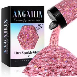 ANGXILIN Holographic Chunky Glitter, 190g/6.7oz Chunky and Fine Mixed Craft Glitter, Bulk Laser Sequin Glitter for Face Body Nail Art,Epoxy Resin Tumbler Jewelry Making Glitter (Pink)