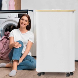 SUOCO Laundry Hamper on Wheels 100L, Clothes Basket with Lid and Bamboo Handles, Foldable Laundry Hamper for Bedroom, Bathroom, Dorm, Laundry Room - White
