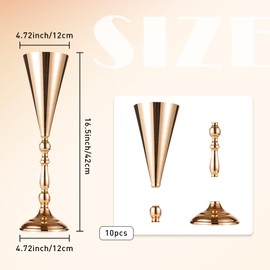 Hyuetrsa 10 Pcs Flower Trumpet Vases Table Decorative Centerpiece Gold Tall Flower Vases, 16.5 Inch Metal Wedding Vases Arrangement Flower Stand for Ceremony Party Birthday, Weddings, Home Decoration