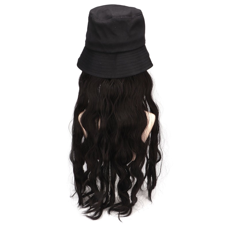 Hat Wig Women Detachable Middle Length Black Brown Curly Wavy