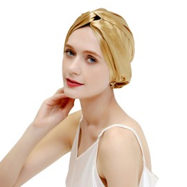 ZIMASILK 22 Momme Organic Pure Mulberry Silk Bonnet for Women Hair Care,Natural Silk Hair Wrap for Sleeping, Silk Sleep Cap with Elastic Stay On Head, Classic Pleated(1Pc, Golden)
