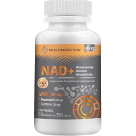 Healthaddiction NAD+ 300 mg – Suplemento Alimenticio con Resveratrol y Glutatión – Fórmula en Cápsulas de 350 mg c/u – 60 Cápsulas – Sin Gluten y Sin Azúcar Añadida