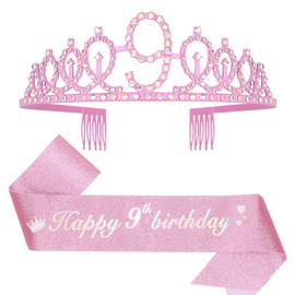 Leixi 9th Birthday Decorations for Girls,Pink Birthday Sash and Crown Tiara Set,Happy 9th Birthday Party Supplies(Pink 9th)