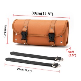 Motorcycle Tool Bag, Universal Motorcycle Handlebar Bag, Motorcycle Fork Bag PU Leather Brown Roll Saddlebags, Waterproof Sissybar Storage Bag with 2 Starps