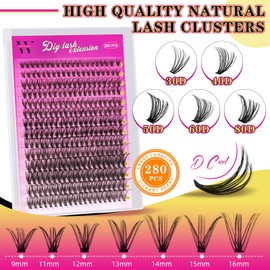 Lash Clusters Wispy 280PCS Eyelash Clusters 30D Lashes Clusters 9-16mm Cluster Eyelash Extensions Individual Lashes Soft Eyelashes Clusters with Thin Band False Eyelashes at Home(30D,D-Mix9-16mm)