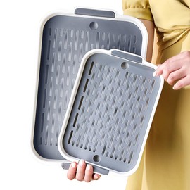 (Two piece set) Simple Human Dish Drying Rack, Edge elevation with handle, used for draining wine glasses, dishes, water bottles, vegetables and fruits, with water box, Two tier dish drying rack (S+L)