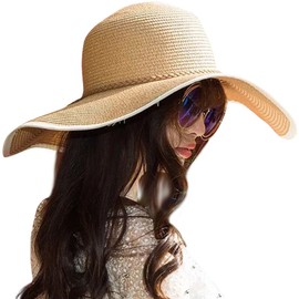Lanzom Ladies 5.5" Large Bow Straw Hat Foldable Roll Up Sun Hat UPF 50+, Style B-khaki