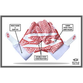 Scale Wear Design White Stealth Football Lineman Gloves with Tach Grip Silicone Palms. Adult Men's Youth Boys Sticky Lineman Wide Receiver Flag Football Boost Your Game! (Youth-XL, White-Red)