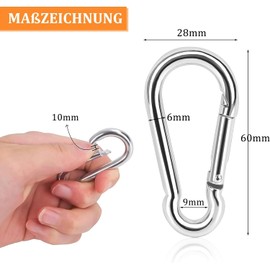 Carabiner Hook, Carabiner with Snap Closure, 60 mm x 6 mm, Load Capacity up to 150 kg, Pack of 14 Carabiners Made of High-Quality Premium Steel for Key