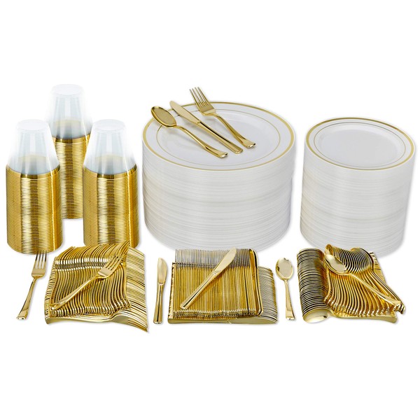 600 Piece Gold Plastic Disposable Dinnerware Set 100 Guests - 100 Gold Plastic Plates for Party, 100 Salad Plates, 100 Knives, 100 Forks, 100 Spoons, 100 Cups - Gold Disposable Plates for Weddings