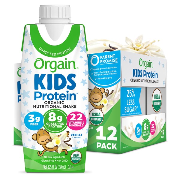 Orgain Organic Kids Nutritional Protein Shake, Vanilla - Kids Snacks with 8g Dairy Protein, 22 Vitamins & Minerals, Fruits & Vegetables, Gluten Free, Soy Free, Non GMO, 8.25 Fl Oz (Pack of 12)