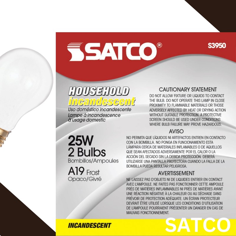 Satco S3950 A19 Incandescent Bulb, 25W, 130V, Frosted Finish, 180