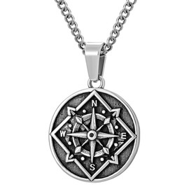 murtoo Necklace for Men, Stainless Steel Mens Necklace with Compass, Apple Shield Coin Pendant Necklace, Gift Idea for Men Women, 2" Adjustable Curb Chain (Antique Silver-circular, Inches, 20.00)