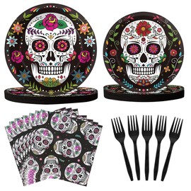 NIERBO 96 piezas de suministros de fiesta de Halloween, platos y servilletas de Halloween, decoracion de fiesta de zombi, platos de papel para 24 (Negro-craneo)
