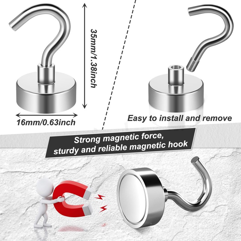 FINDMAG 6 Pack Silver Magnetic Hooks, 10 kg+(22 lb+) Strong
