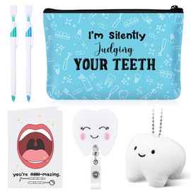 Reginary 6 Pcs Dental Hygienist Gifts for Women Include Inspirational Makeup Bag Tooth Shape Felt Badge Holder Soft Teeth Keychain Greeting Cards and 2 Cute Teeth Ballpoint Pen for Dentist Nurse Gift