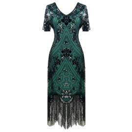 Women's Flapper Dress Sequin Cocktail 1920s Gatsby Dress w/Accessories Set (X-Large, Style04-Black&Green)