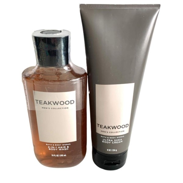 Bath and Body Works Teakwood Men's Collection Ultra Shea Body Cream and 2 in 1 Hair and Body Wash (2 Pack Bundle)