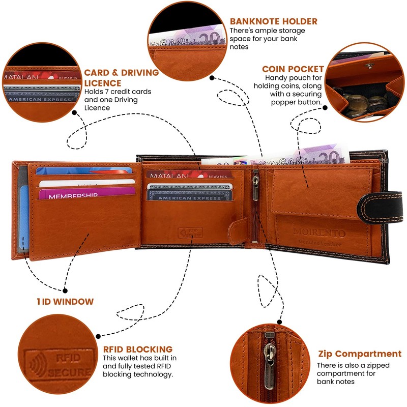 MOIRENTO Mens Black Wallet Orange Leather Trifold RFID Blocking Credit