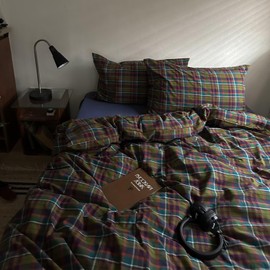 MKXI Buffalo Plaid Duvet Cover Set 3 Piece Vintage Bedding in Kelly Green, Navy & Red | 100% Washed Cotton Reversible Design with Zipper Closure & Corner Ties,Shabby Chic Aesthetic for Twin