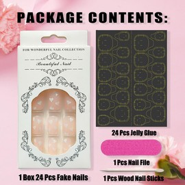 24pcs Valentines Nails Press on Nails Short Square Nude Fake Nails with White Heart Design Heart Acrylic Nails Supply Valentines Day Full Cover False Nails Stick on Nails for Women and Girls