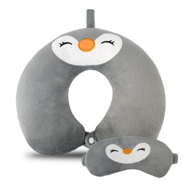 RAILONCH Travel Pillow Children's Neck Pillow, U-Shaped Neck Support Pillow, Cute Neck Pillow, Headrest, Baby Travel Sleeping Pillow with Eye Cover (Penguin)