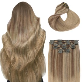 SAFIRENY Clip in Hair Extensions Human Hair,Balayage Ash Brown To Caramel Blonde,Hair Extensions Clip In 20 Inch 120grams 6pcs Per Set With 18 Clips(#10/27/27,20")