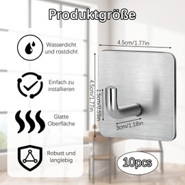 ZexJpr 10 Stück Klebehaken, Klebehaken Extra Stark, Selbstklebende Haken Ohne Bohren,4.5 x 4.5cm Edelstahl Haken Zum Kleben, Für Badezimmer Und Küche