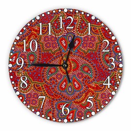 KEEPSUPER Boho Paisley Texture Wall Clock 10 Inch Battery Operated Vector Bright Red Color Clock Silent Non-Ticking Modern Clocks Decorative for Home Kitchen Living Room Bathroom Office