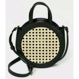 A New Day Round Crossbody Bag Purse Handbag Black Faux Leather & Woven Straw NEW